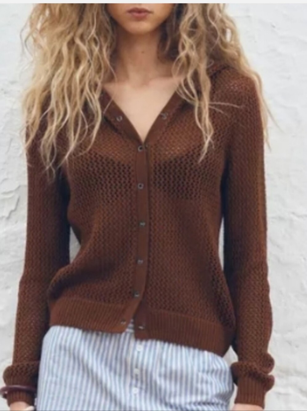 Zara. Chocolate Brown  Women’s Sweater Cardigan  Hook Closures. Eyelet Pattern.S